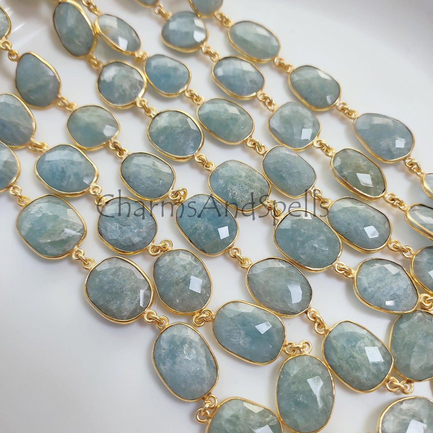 1 Feet Chain, Natural Aquamarine Bezel Chain, Gold Plated Connector Bezel Chain, Unique Link Connector Bezel Chain, Aquamarine Bezel DIY Jewelry Chain - Charms And Spells