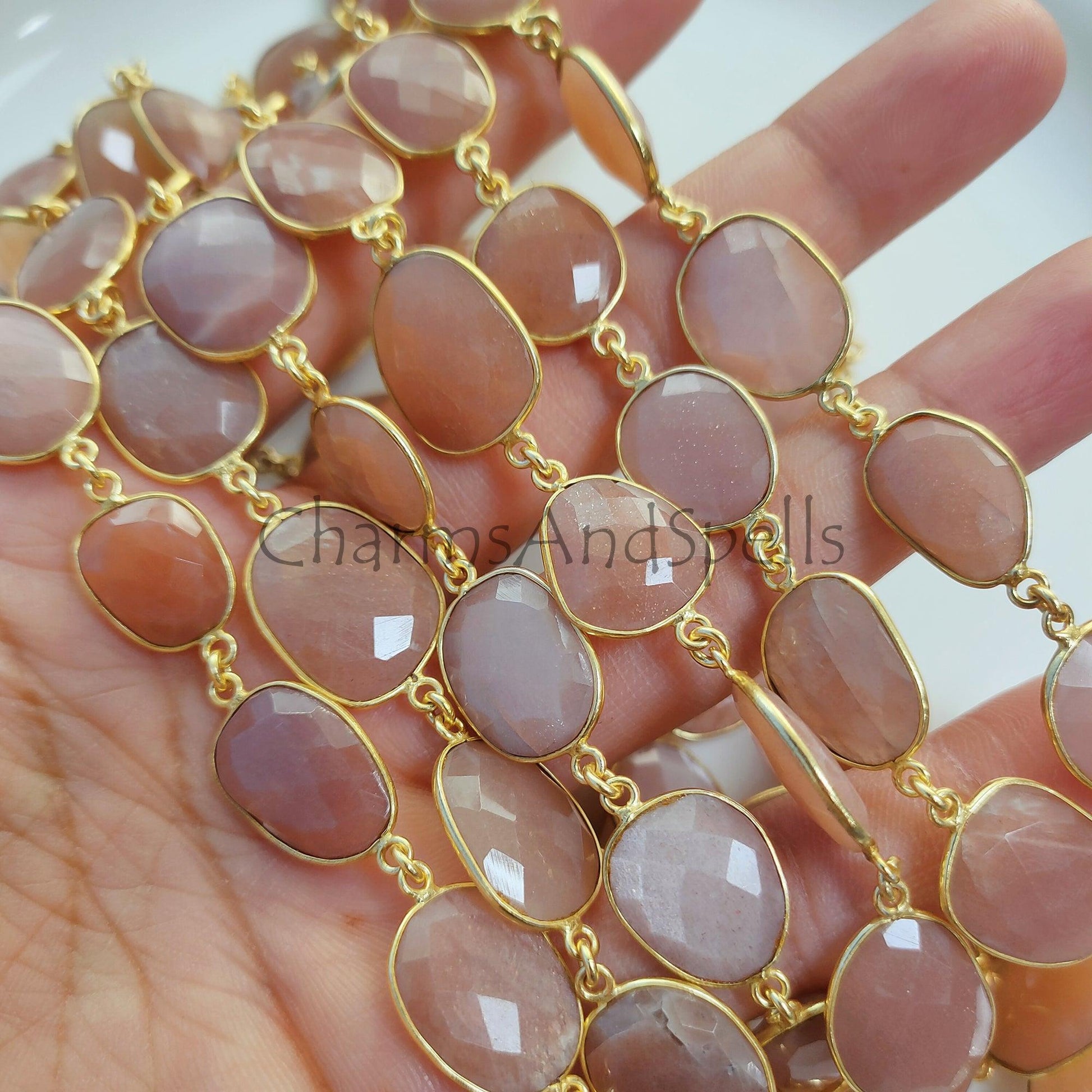 1 Feet Chain, Natural Sunstone Connector Chain, Sunstone Gold Plated Bezel Station Link Chain, DIY Jewelry Making, Bracelet Making Chain, Sold By Foot - Charms And Spells