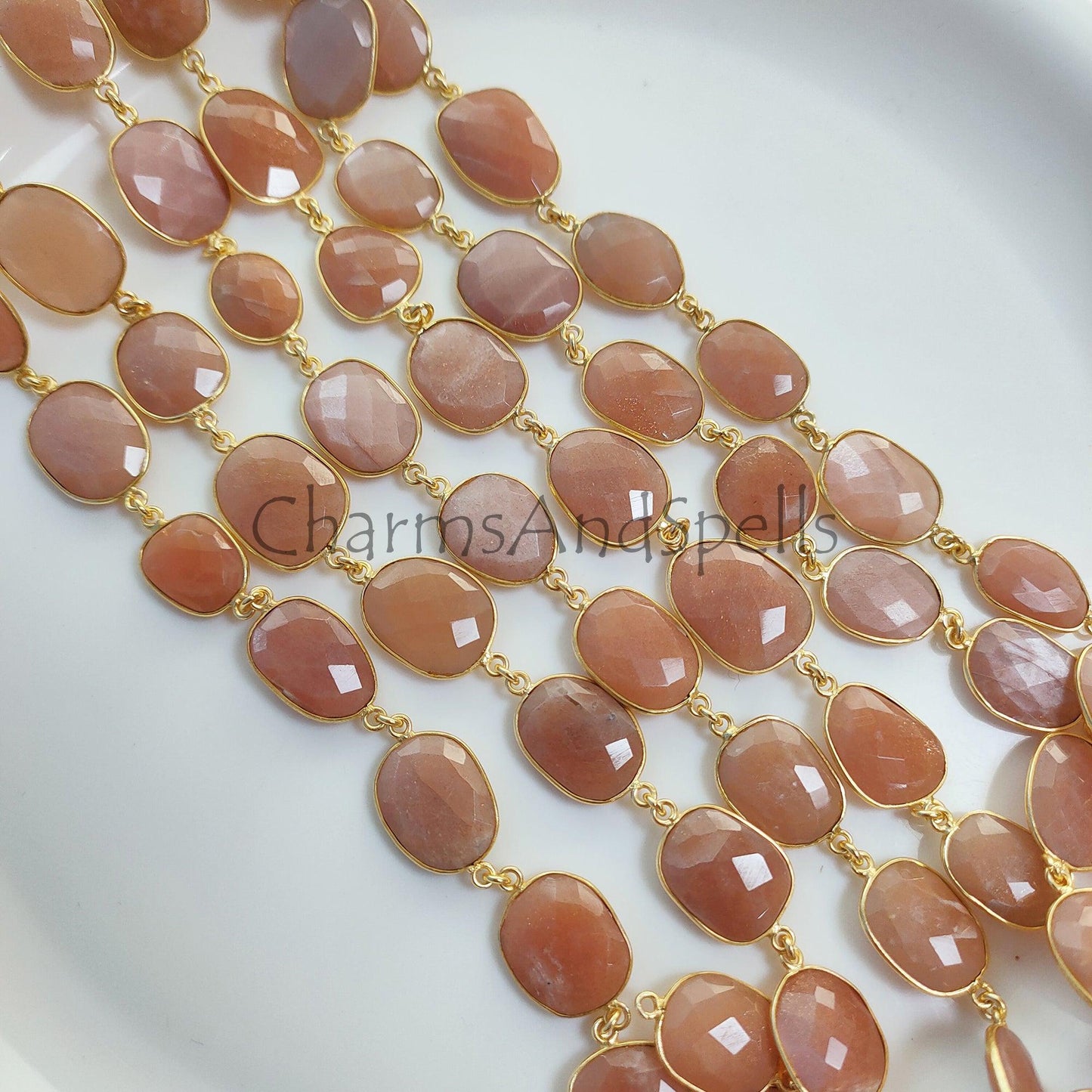 1 Feet Chain, Natural Sunstone Connector Chain, Sunstone Gold Plated Bezel Station Link Chain, DIY Jewelry Making, Bracelet Making Chain, Sold By Foot - Charms And Spells