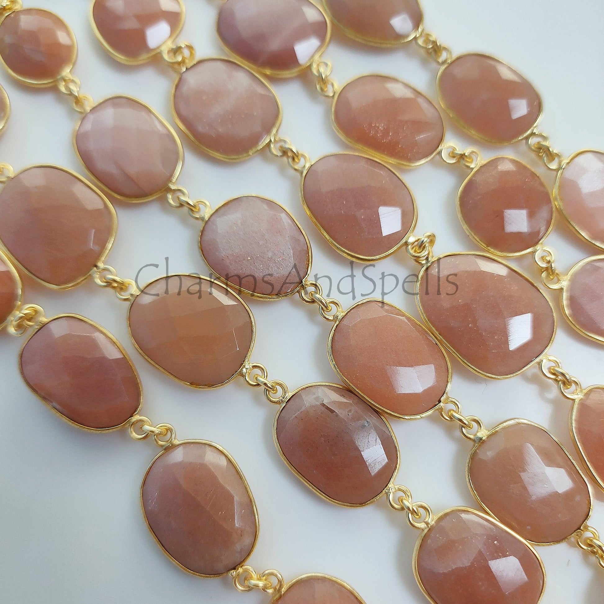 1 Feet Chain, Natural Sunstone Connector Chain, Sunstone Gold Plated Bezel Station Link Chain, DIY Jewelry Making, Bracelet Making Chain, Sold By Foot - Charms And Spells