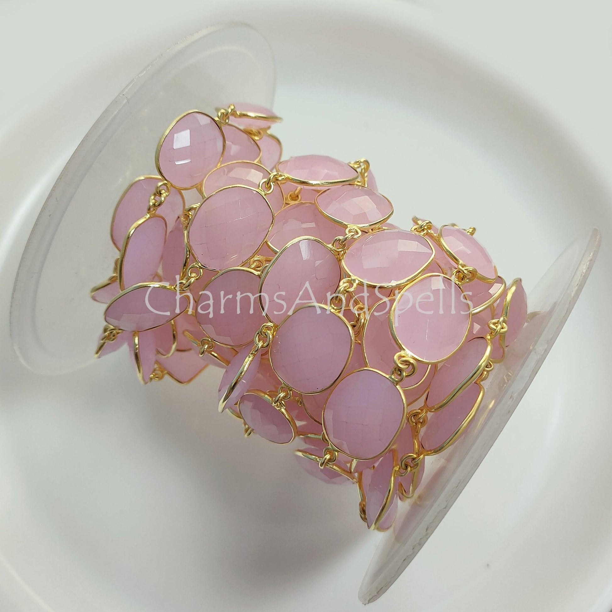 1 Feet Chain, Pink Chalcedony Gold Plated Bezel Connector Chain, Pink Chalcedony Connector Chain, Necklace Making Bezel Connector Chain, DIY Jewelry - Charms And Spells