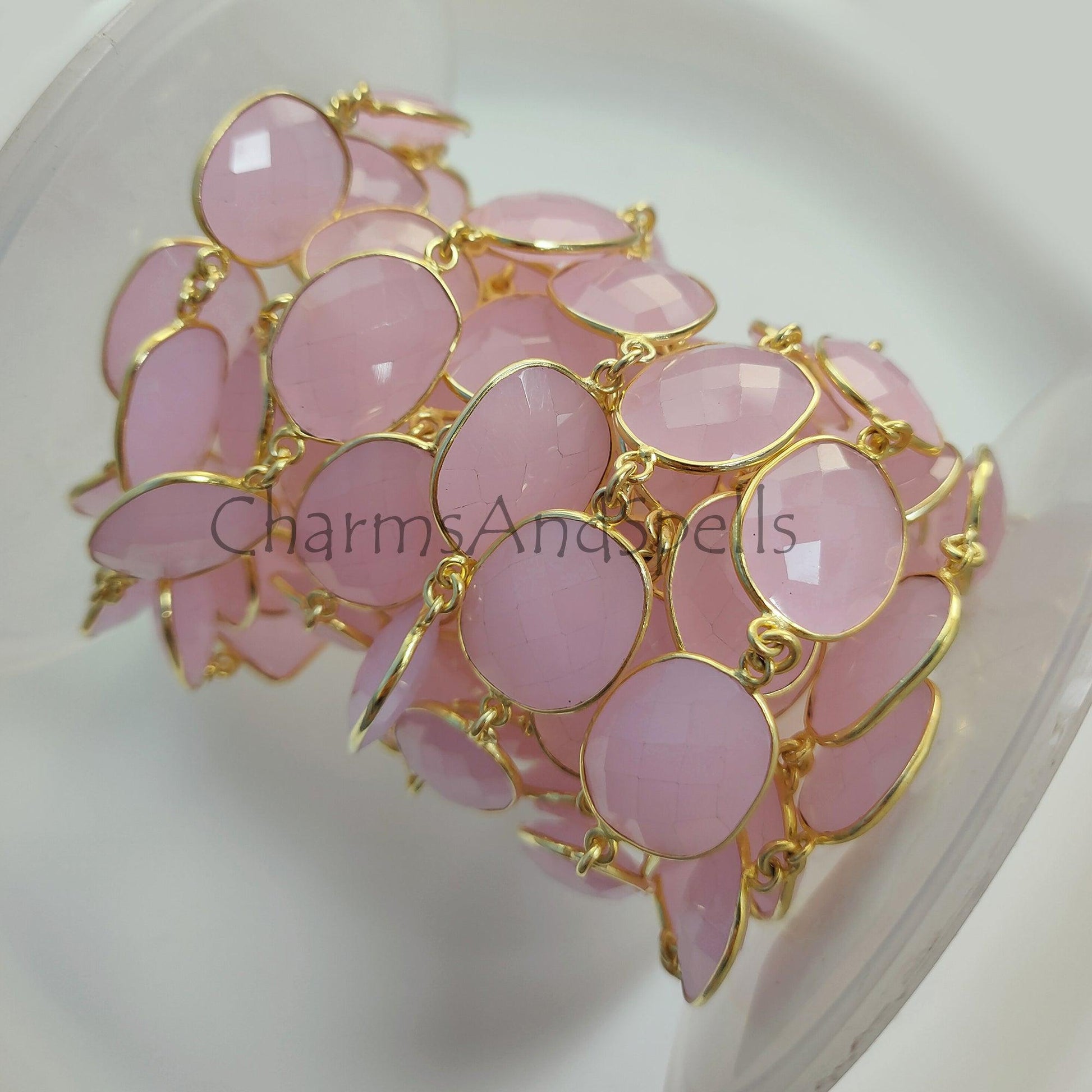 1 Feet Chain, Pink Chalcedony Gold Plated Bezel Connector Chain, Pink Chalcedony Connector Chain, Necklace Making Bezel Connector Chain, DIY Jewelry - Charms And Spells