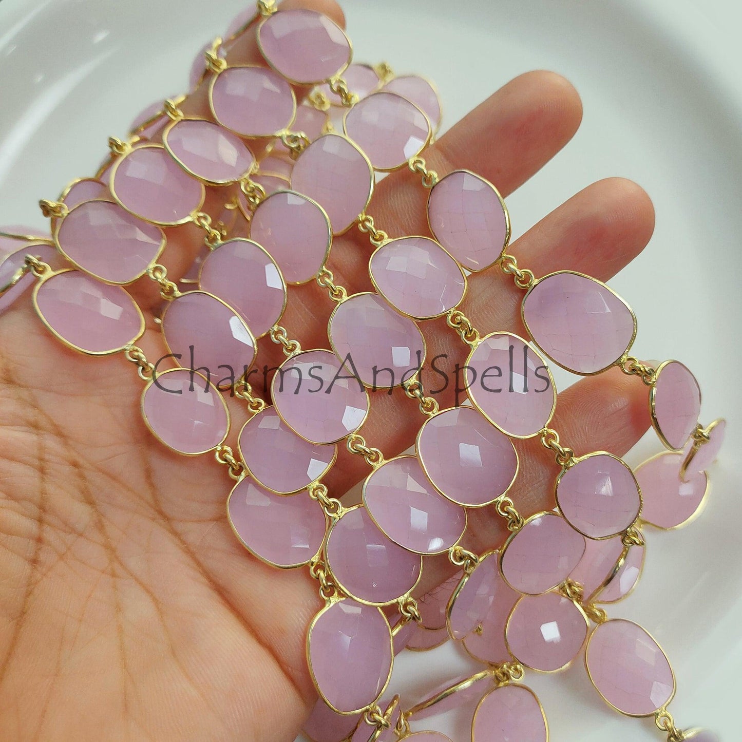 1 Feet Chain, Pink Chalcedony Gold Plated Bezel Connector Chain, Pink Chalcedony Connector Chain, Necklace Making Bezel Connector Chain, DIY Jewelry - Charms And Spells