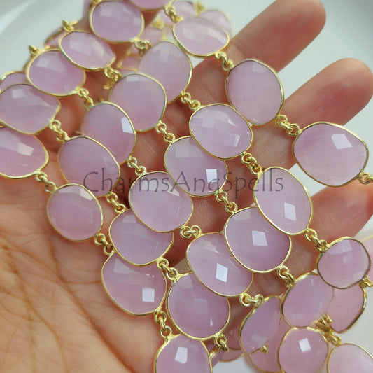 1 Feet Chain, Pink Chalcedony Gold Plated Bezel Connector Chain, Pink Chalcedony Connector Chain, Necklace Making Bezel Connector Chain, DIY Jewelry - Charms And Spells