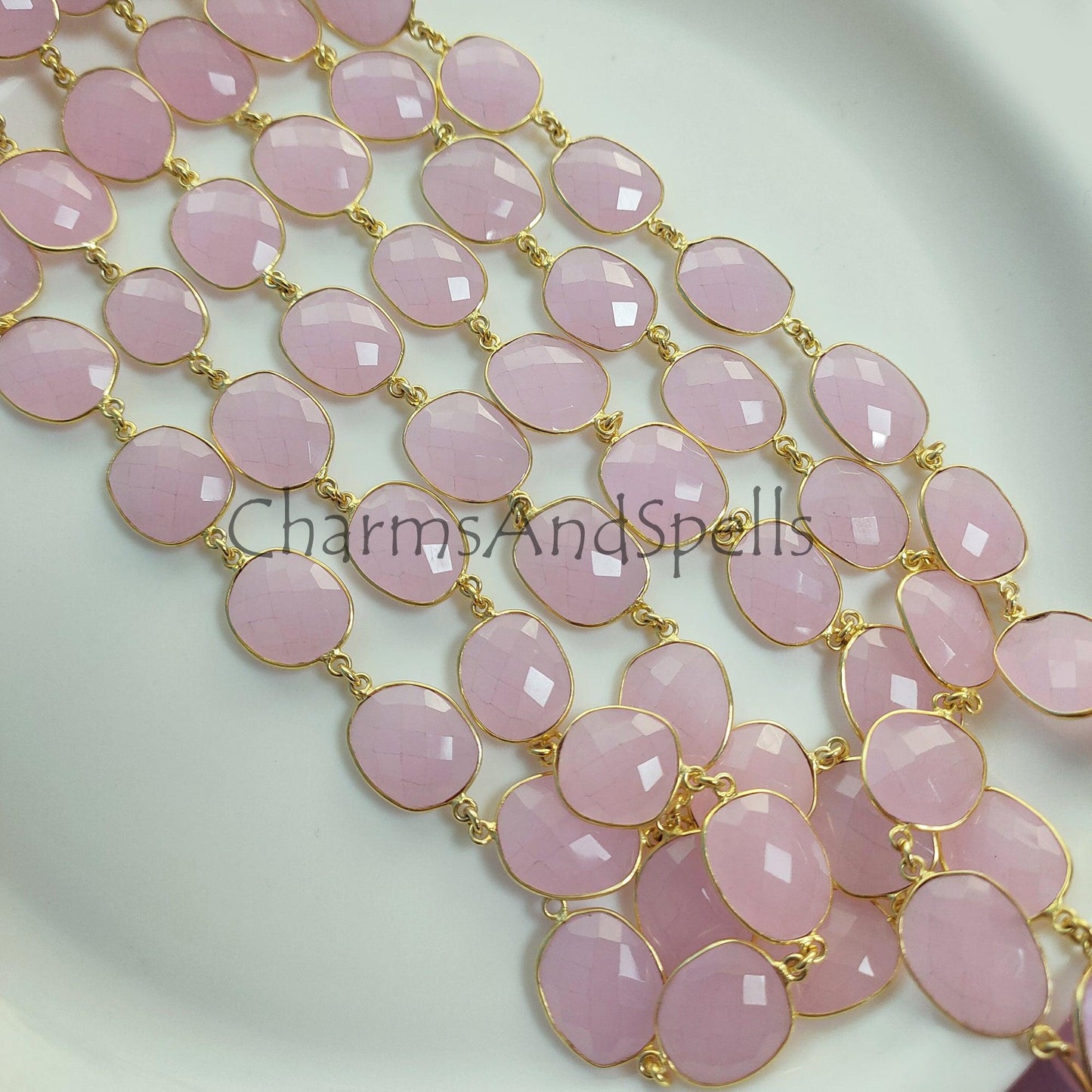 1 Feet Chain, Pink Chalcedony Gold Plated Bezel Connector Chain, Pink Chalcedony Connector Chain, Necklace Making Bezel Connector Chain, DIY Jewelry - Charms And Spells