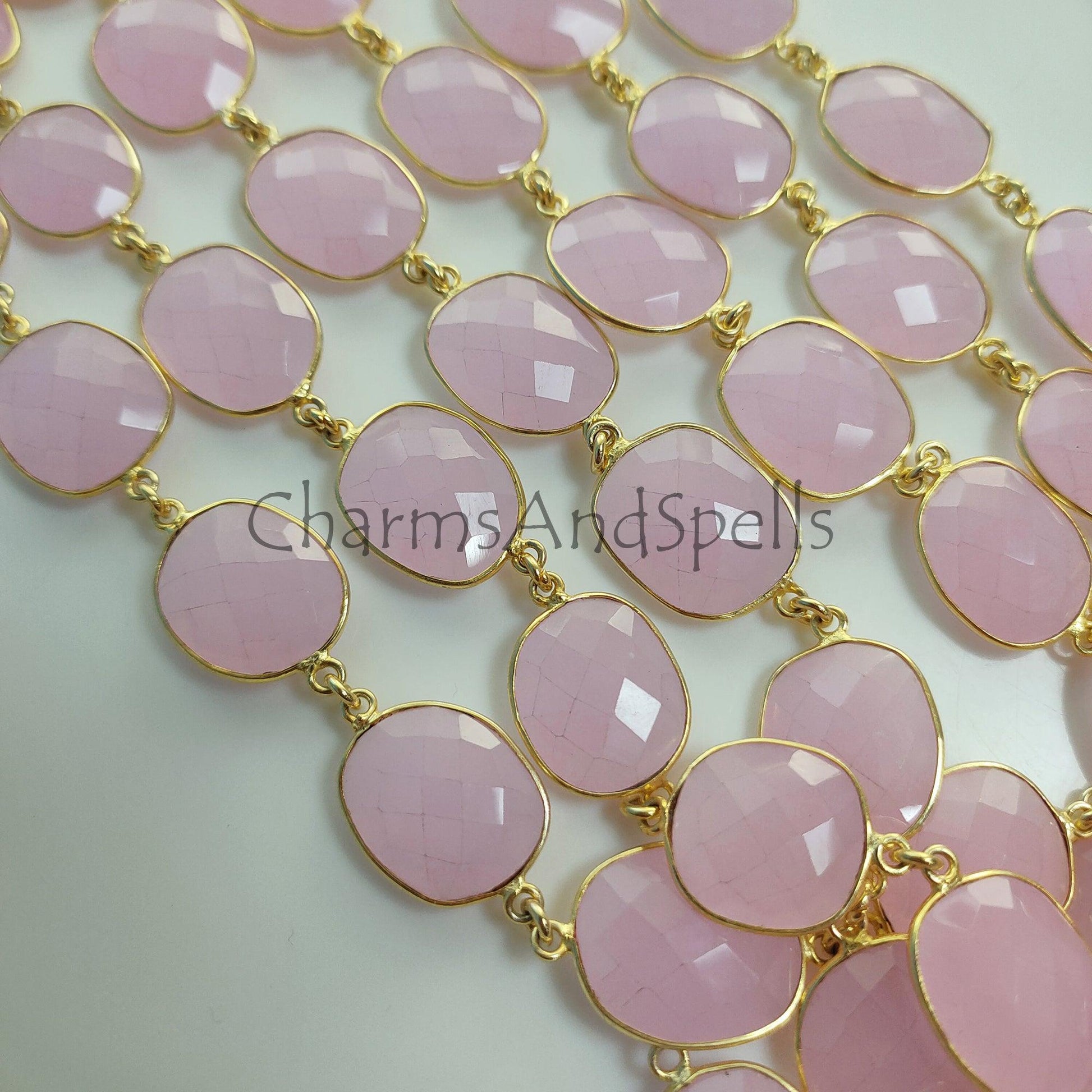 1 Feet Chain, Pink Chalcedony Gold Plated Bezel Connector Chain, Pink Chalcedony Connector Chain, Necklace Making Bezel Connector Chain, DIY Jewelry - Charms And Spells