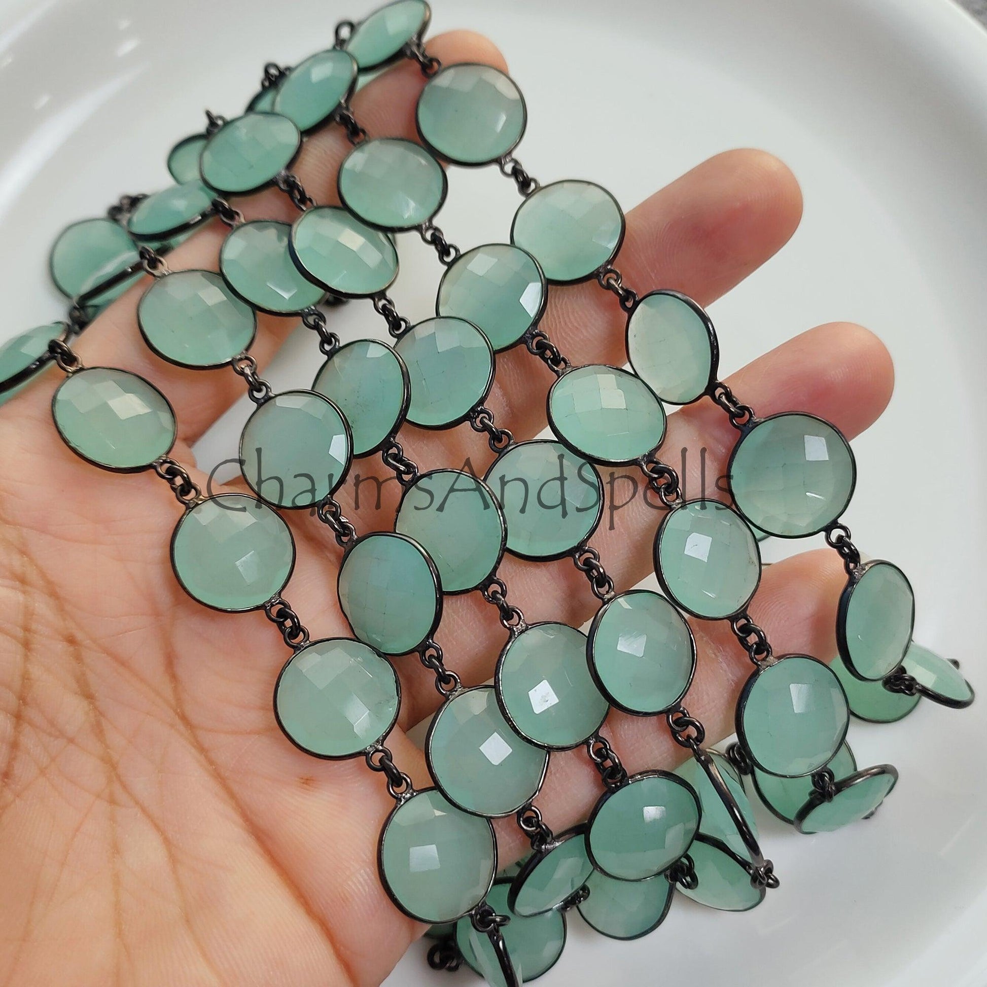 1 Feet Chain, Aqua Chalcedony Bezel Connector Chain, Gunmetal Gemstone Connector, Handmade DIY Jewelry Making, Chalcedony Coin Bezel Station Link Chain - Charms And Spells