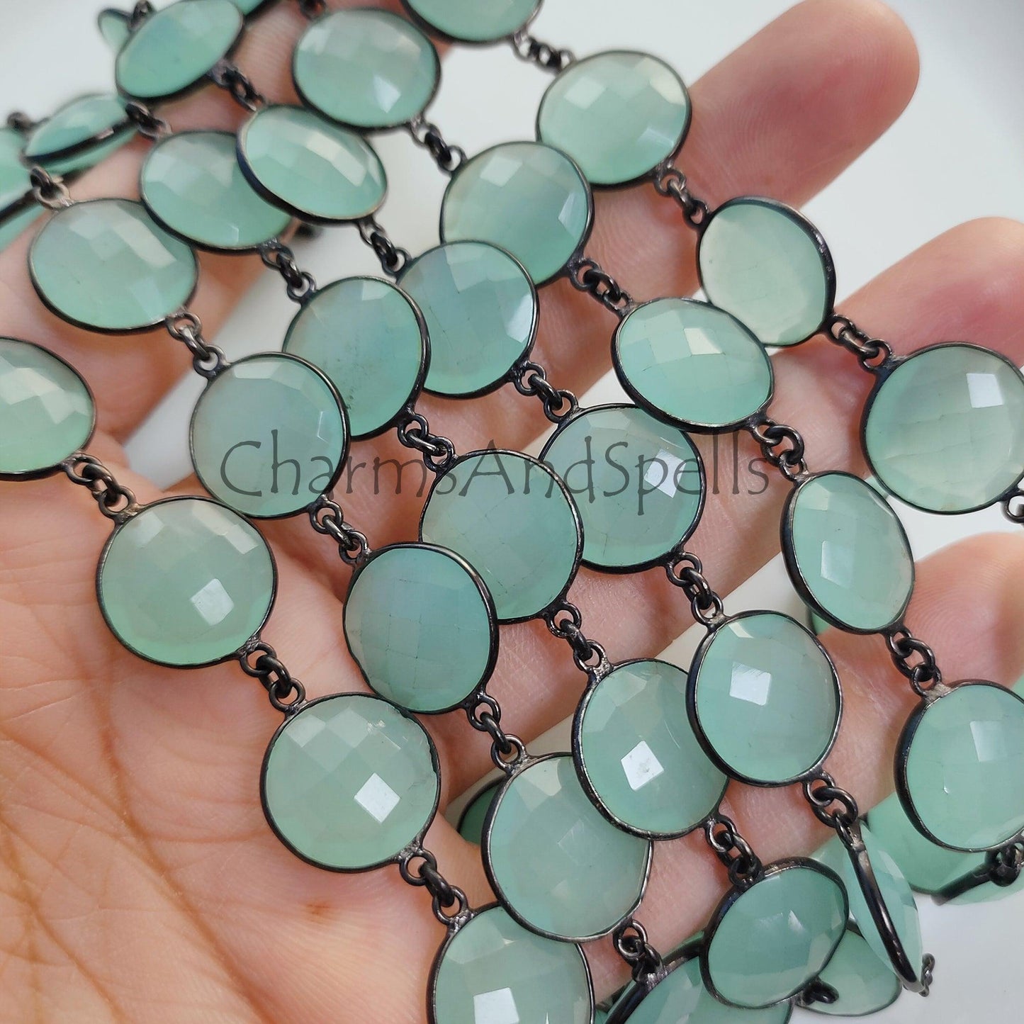 1 Feet Chain, Aqua Chalcedony Bezel Connector Chain, Gunmetal Gemstone Connector, Handmade DIY Jewelry Making, Chalcedony Coin Bezel Station Link Chain - Charms And Spells