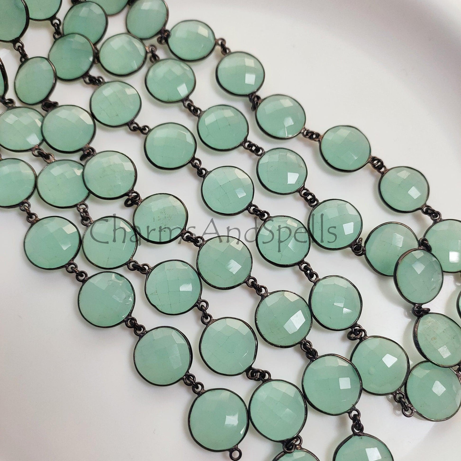 1 Feet Chain, Aqua Chalcedony Bezel Connector Chain, Gunmetal Gemstone Connector, Handmade DIY Jewelry Making, Chalcedony Coin Bezel Station Link Chain - Charms And Spells