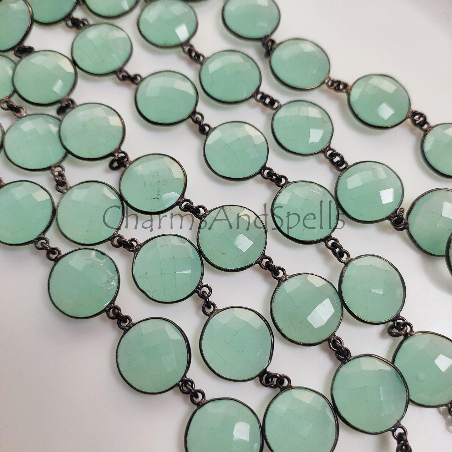 1 Feet Chain, Aqua Chalcedony Bezel Connector Chain, Gunmetal Gemstone Connector, Handmade DIY Jewelry Making, Chalcedony Coin Bezel Station Link Chain - Charms And Spells