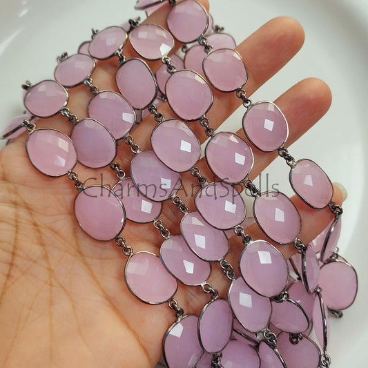 1 Feet Chain, Pink Chalcedony Connector Bezel Chain, Gemstone Gunmetal Bracelet Making Jewelry, Chalcedony Station Link Chain, 12-16 mm Bezel Chain - Charms And Spells