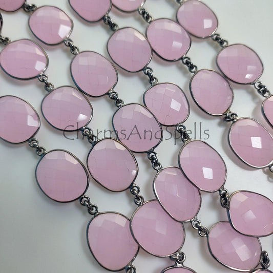 1 Feet Chain, Pink Chalcedony Connector Bezel Chain, Gemstone Gunmetal Bracelet Making Jewelry, Chalcedony Station Link Chain, 12-16 mm Bezel Chain - Charms And Spells