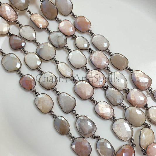 1 Feet Chain, Moonstone Connector Chain, Multi Color Moonstone Station Chain, Bezel Gemstone Chain, Gunmetal Chain by Foot, Moonstone Station Link Chain - Charms And Spells