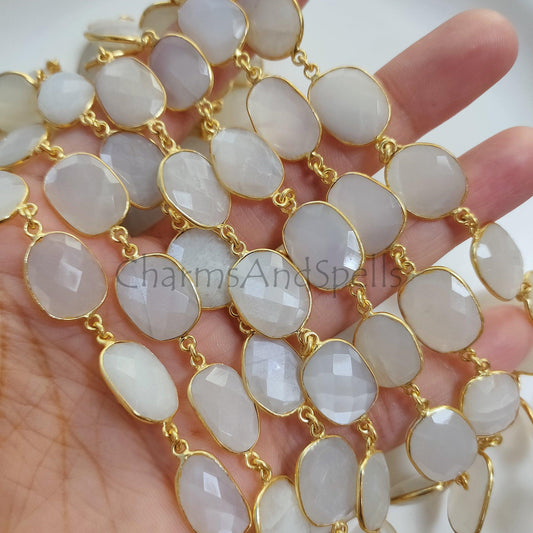 1 Feet Chain, Natural White Moonstone Connector Chain, Gold Plated Gemstone Bezel Station Link Chain, DIY Jewelry Making, Crafts Supplies Chain By Foot - Charms And Spells