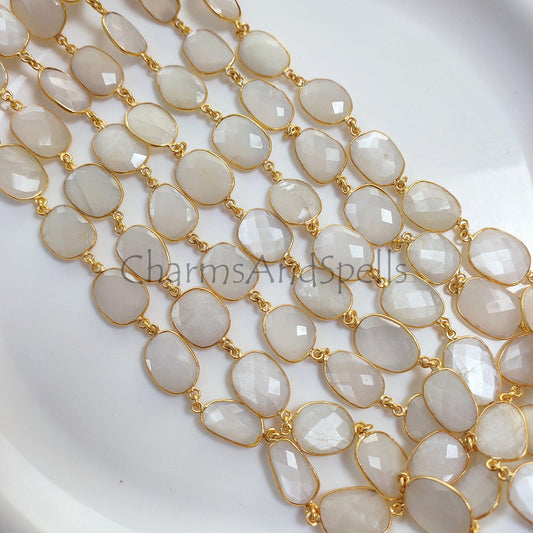 1 Feet Chain, Natural White Moonstone Connector Chain, Gold Plated Gemstone Bezel Station Link Chain, DIY Jewelry Making, Crafts Supplies Chain By Foot - Charms And Spells