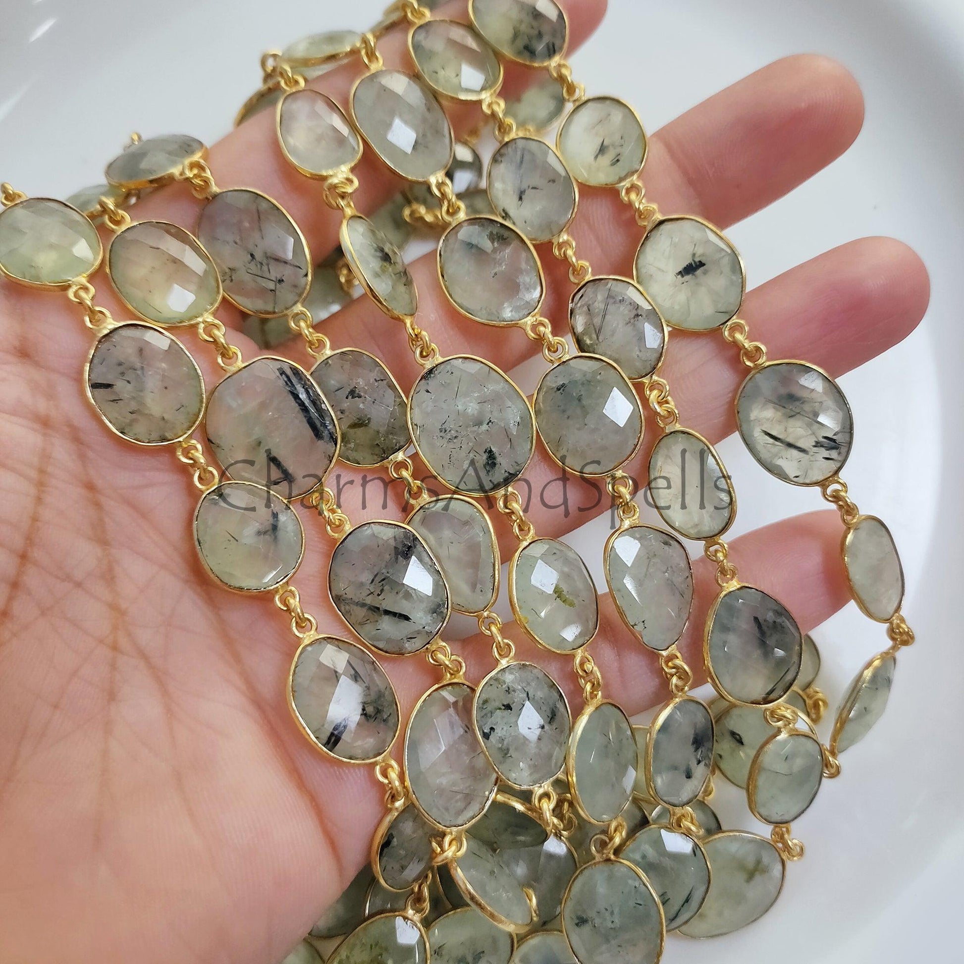 1 Feet Chain, Prehnite Gemstone Bezel Link Chain, Gold Plated Bezel Connector Chain, 12-16 MM Gemstone Connector Link Chain, DIY Necklace, Crafts Supplies - Charms And Spells