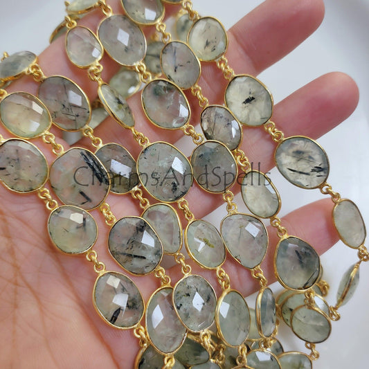 1 Feet Chain, Prehnite Gemstone Bezel Link Chain, Gold Plated Bezel Connector Chain, 12-16 MM Gemstone Connector Link Chain, DIY Necklace, Crafts Supplies - Charms And Spells
