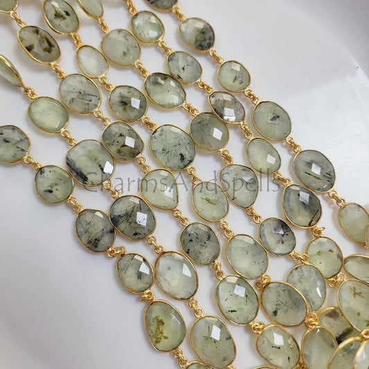 1 Feet Chain, Prehnite Gemstone Bezel Link Chain, Gold Plated Bezel Connector Chain, 12-16 MM Gemstone Connector Link Chain, DIY Necklace, Crafts Supplies - Charms And Spells
