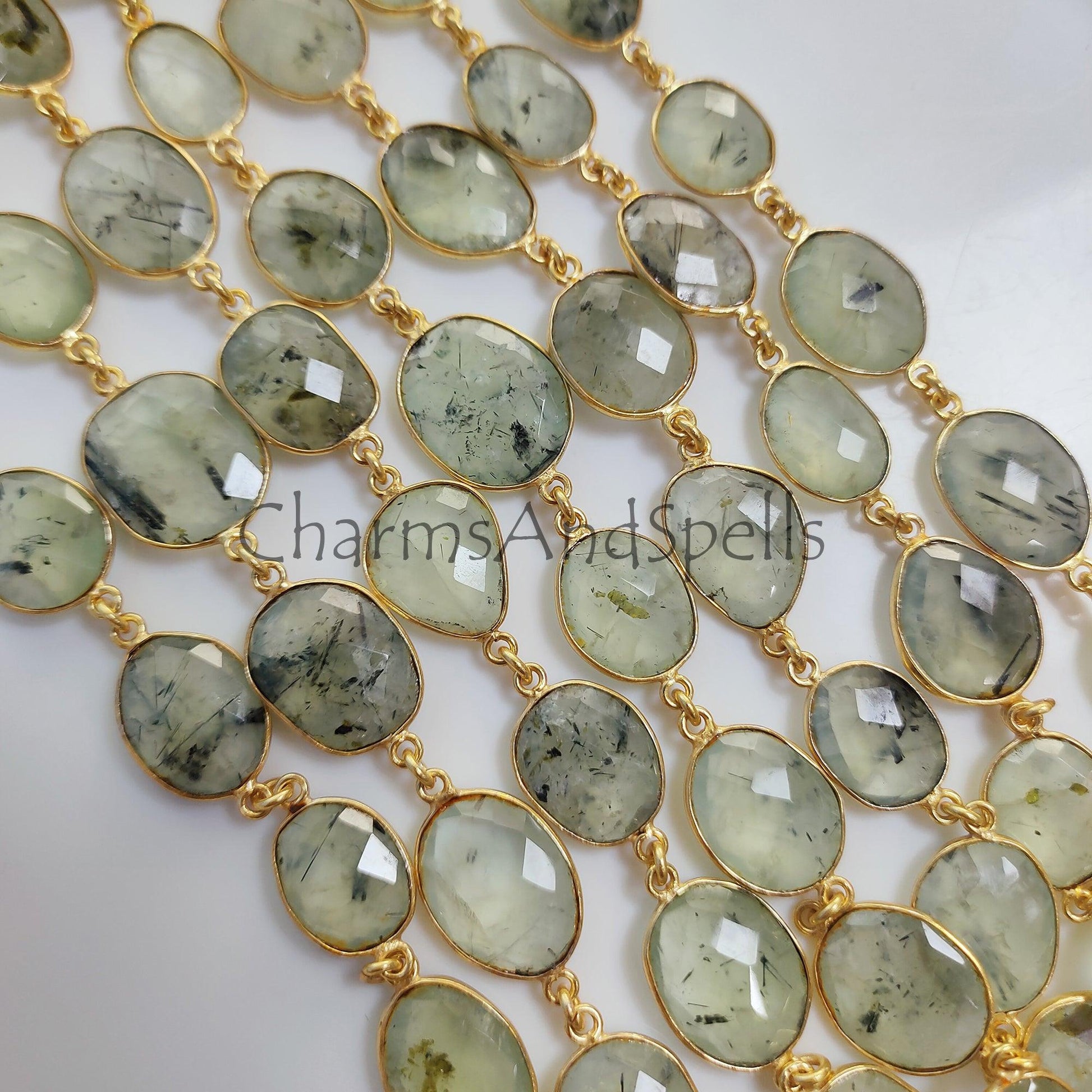 1 Feet Chain, Prehnite Gemstone Bezel Link Chain, Gold Plated Bezel Connector Chain, 12-16 MM Gemstone Connector Link Chain, DIY Necklace, Crafts Supplies - Charms And Spells