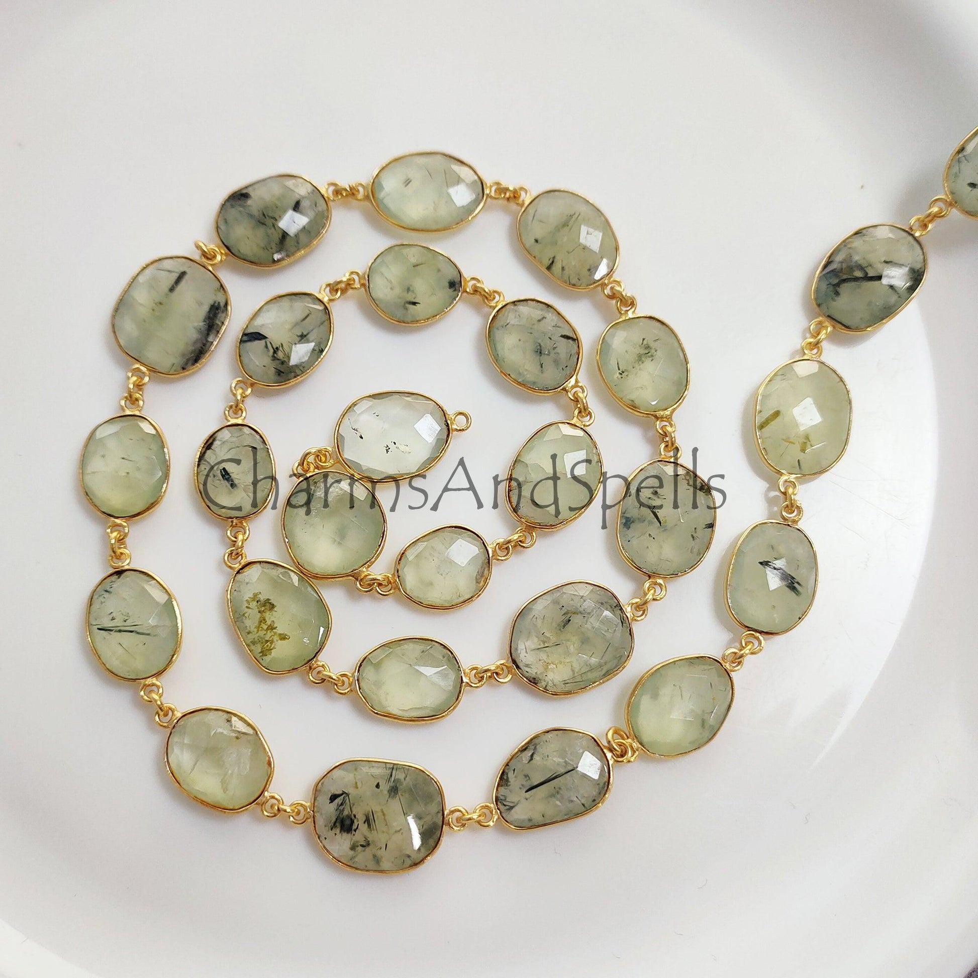 1 Feet Chain, Prehnite Gemstone Bezel Link Chain, Gold Plated Bezel Connector Chain, 12-16 MM Gemstone Connector Link Chain, DIY Necklace, Crafts Supplies - Charms And Spells