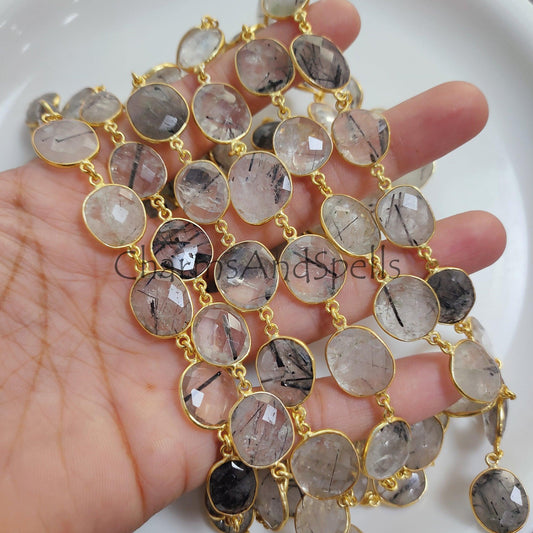 1Feet Chain, Black Rutile Gold Plated Bezel Connector Chain, Black Rutile 12-16 mm Bezel Connector Chain, Black Rutile Faceted Bezel Link Chain, Jewelry - Charms And Spells