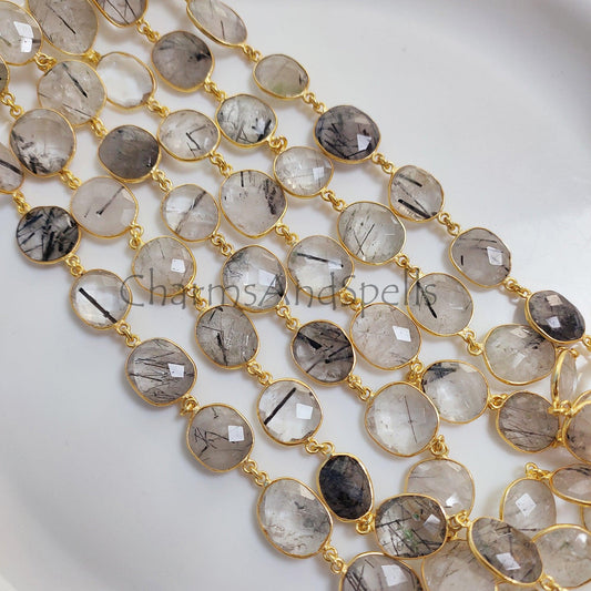 1Feet Chain, Black Rutile Gold Plated Bezel Connector Chain, Black Rutile 12-16 mm Bezel Connector Chain, Black Rutile Faceted Bezel Link Chain, Jewelry - Charms And Spells