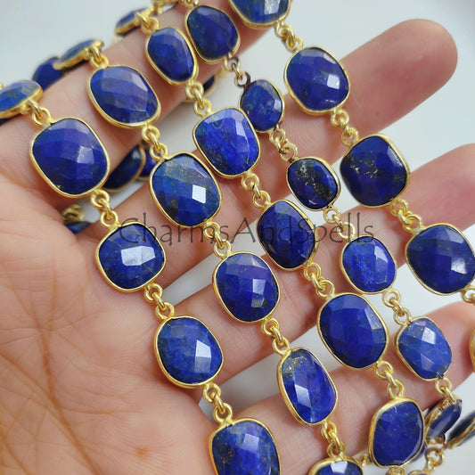 1 Feet Chain, Natural Lapis Lazuli Station Connector Chain, Lapis Lazuli Gemstone Gold Plated Bezel Connector Chain, 12-16 mm Bezel Jewelry Making Chain - Charms And Spells