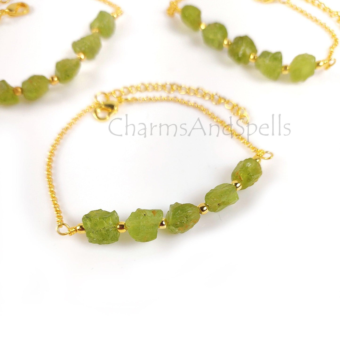 Natural Raw Peridot Gemstone Bracelet, Gold Plated Bracelet, August Birthstone Jewelry, Layering Friendship Bracelet, Adjustable Bracelet, - Charms And Spells