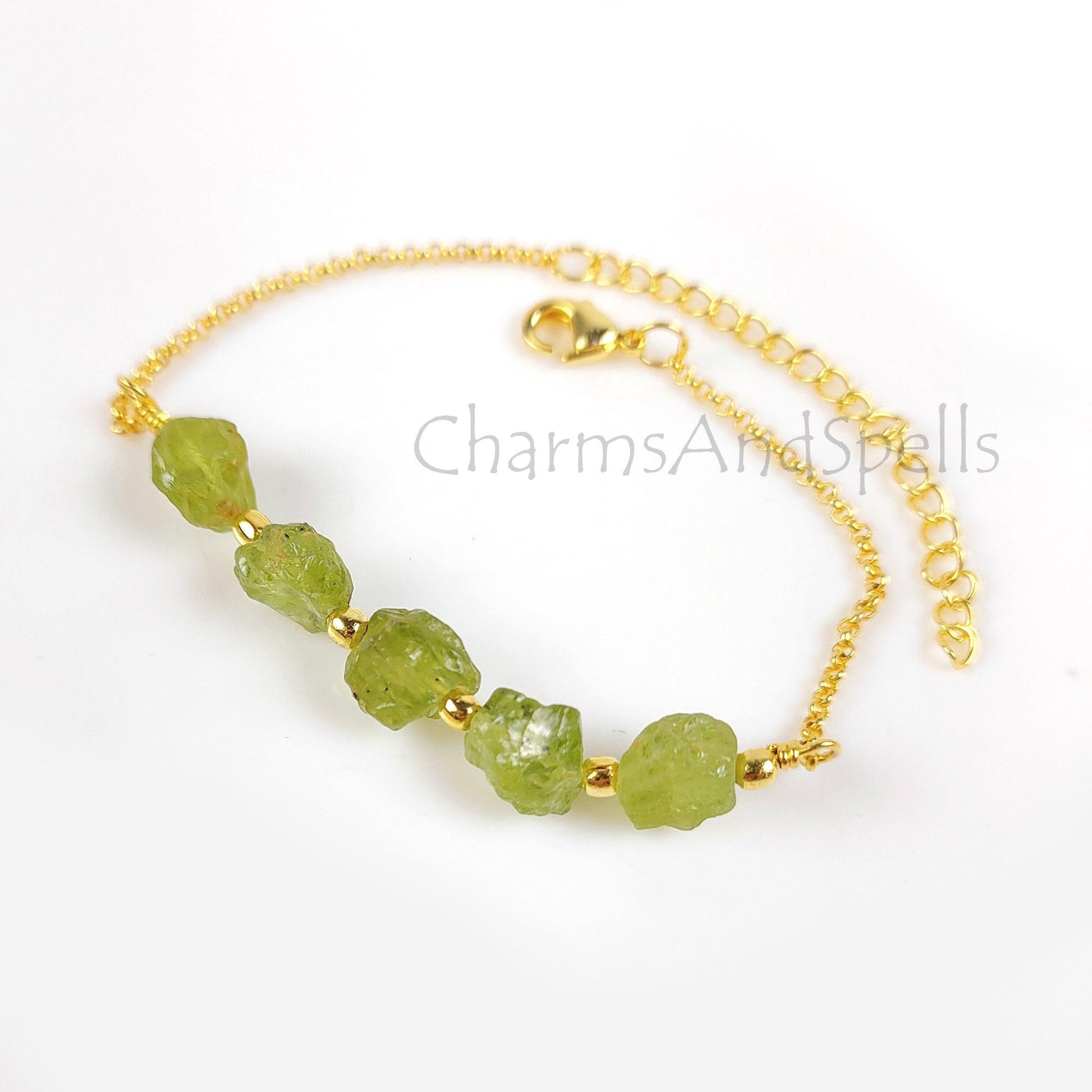 Natural Raw Peridot Gemstone Bracelet, Gold Plated Bracelet, August Birthstone Jewelry, Layering Friendship Bracelet, Adjustable Bracelet, - Charms And Spells