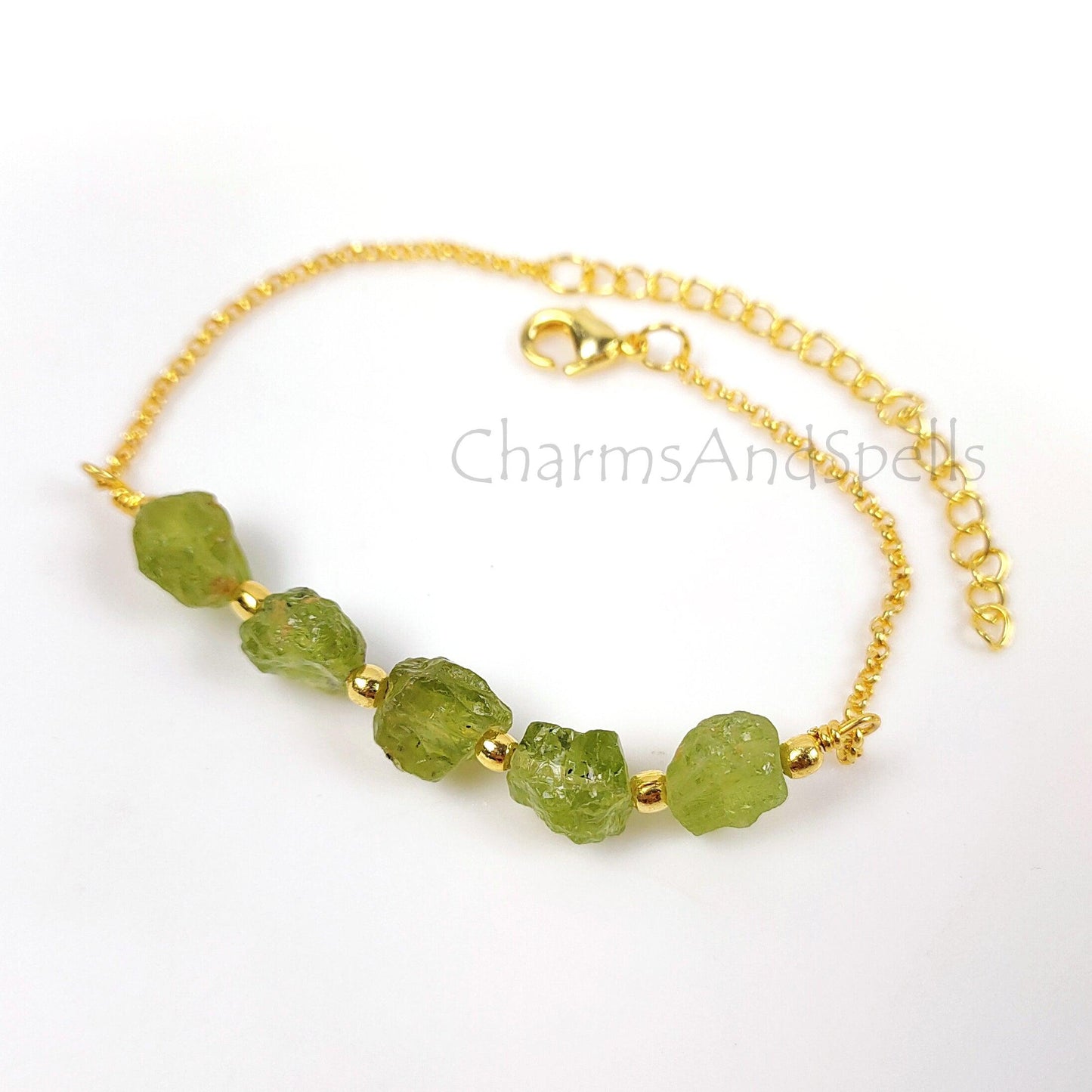 Natural Raw Peridot Gemstone Bracelet, Gold Plated Bracelet, August Birthstone Jewelry, Layering Friendship Bracelet, Adjustable Bracelet, - Charms And Spells