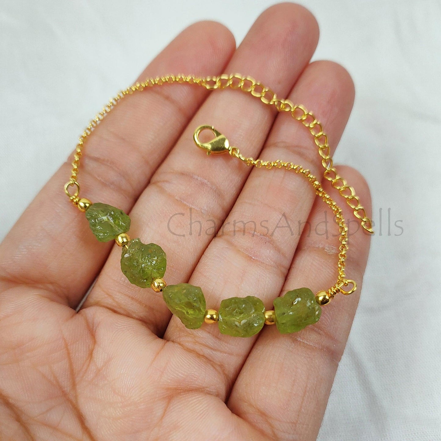 Natural Raw Peridot Gemstone Bracelet, Gold Plated Bracelet, August Birthstone Jewelry, Layering Friendship Bracelet, Adjustable Bracelet, - Charms And Spells