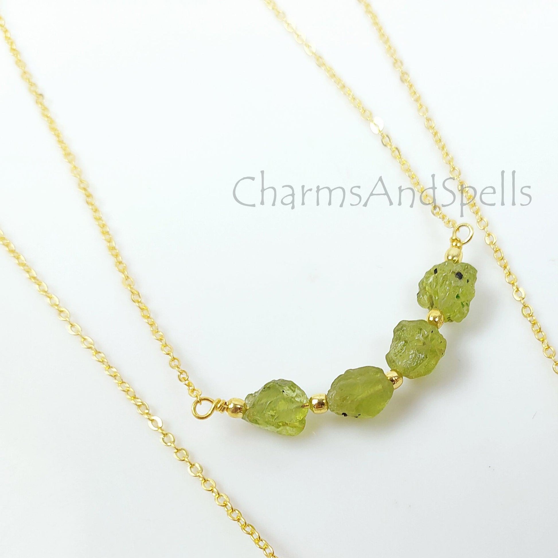 Natural Raw Peridot Necklace, Gold Plated Necklace, Dainty Peridot Necklace, Crystal Necklace, Raw Gemstone Pendant, August Birthstone Gift - Charms And Spells