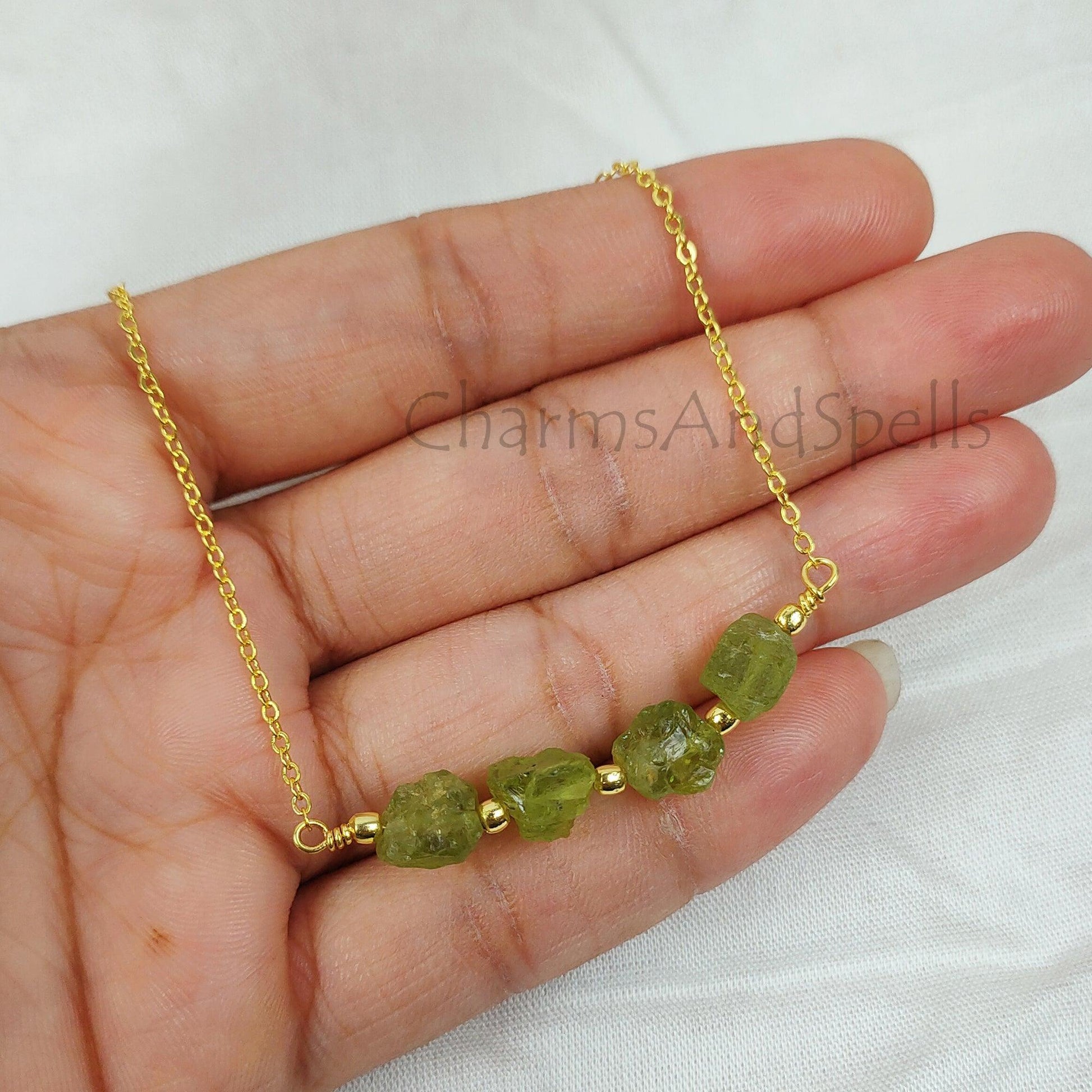 Natural Raw Peridot Necklace, Gold Plated Necklace, Dainty Peridot Necklace, Crystal Necklace, Raw Gemstone Pendant, August Birthstone Gift - Charms And Spells