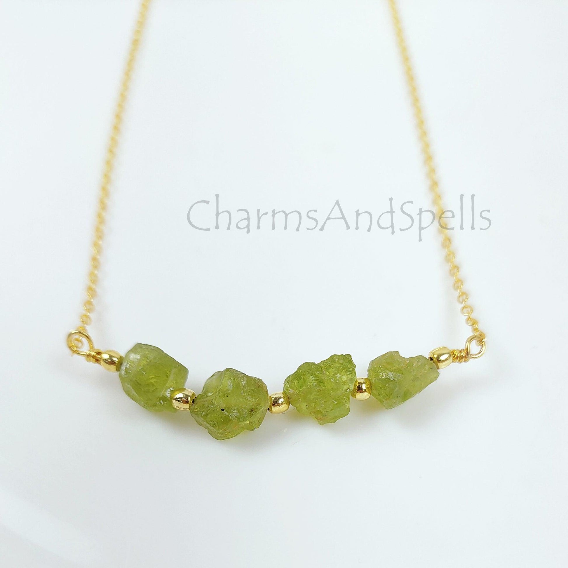 Natural Raw Peridot Necklace, Gold Plated Necklace, Dainty Peridot Necklace, Crystal Necklace, Raw Gemstone Pendant, August Birthstone Gift - Charms And Spells