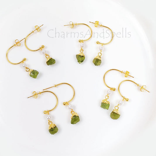 Natural Raw Peridot Earrings, Gold Plated Gemstone Earring, August Birthstone, Raw Stone Jewelry, Raw Crystal Earrings, Summer Jewelry, Gift - Charms And Spells