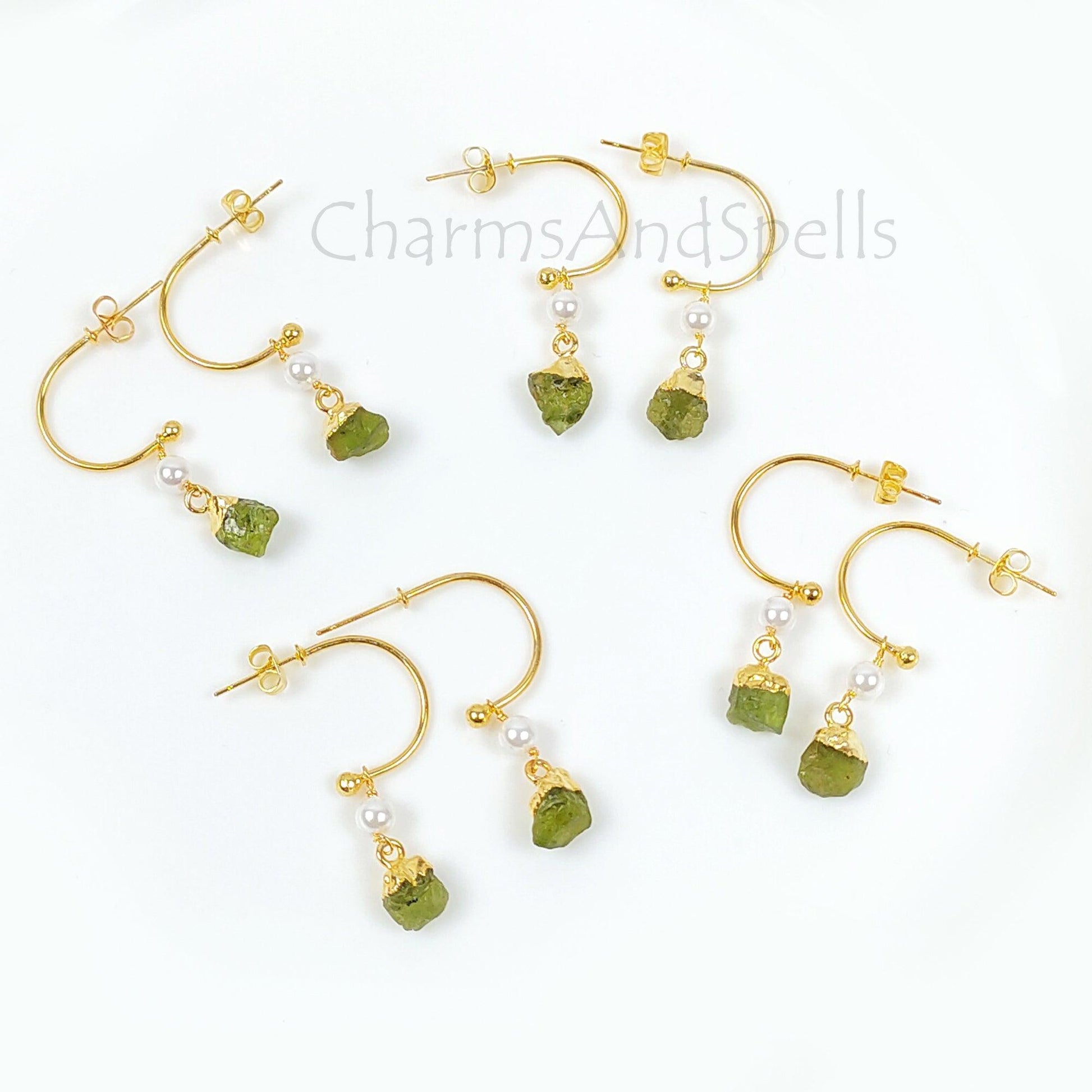 Natural Raw Peridot Earrings, Gold Plated Gemstone Earring, August Birthstone, Raw Stone Jewelry, Raw Crystal Earrings, Summer Jewelry, Gift - Charms And Spells