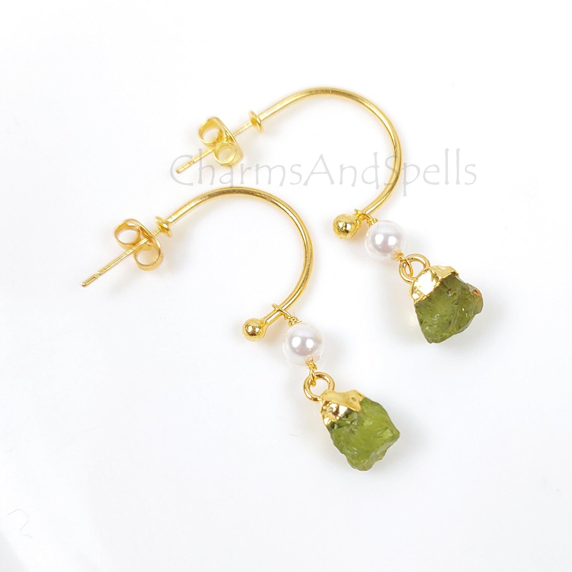 Natural Raw Peridot Earrings, Gold Plated Gemstone Earring, August Birthstone, Raw Stone Jewelry, Raw Crystal Earrings, Summer Jewelry, Gift - Charms And Spells