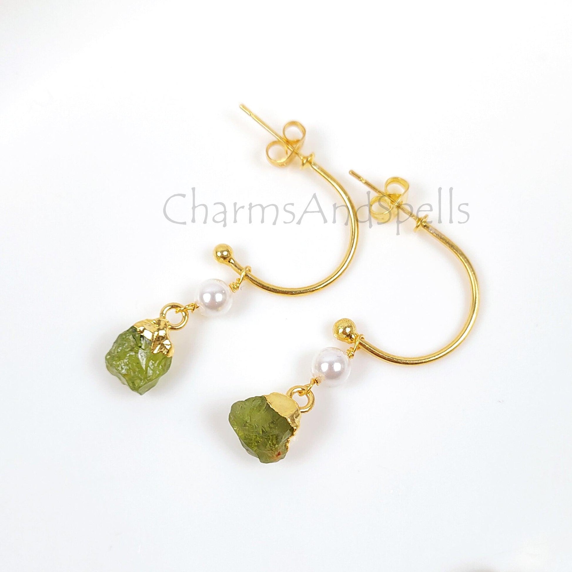 Natural Raw Peridot Earrings, Gold Plated Gemstone Earring, August Birthstone, Raw Stone Jewelry, Raw Crystal Earrings, Summer Jewelry, Gift - Charms And Spells