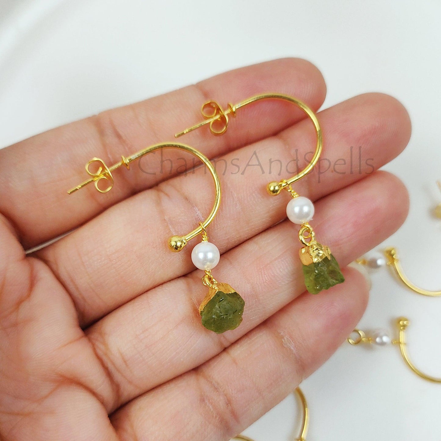 Natural Raw Peridot Earrings, Gold Plated Gemstone Earring, August Birthstone, Raw Stone Jewelry, Raw Crystal Earrings, Summer Jewelry, Gift - Charms And Spells