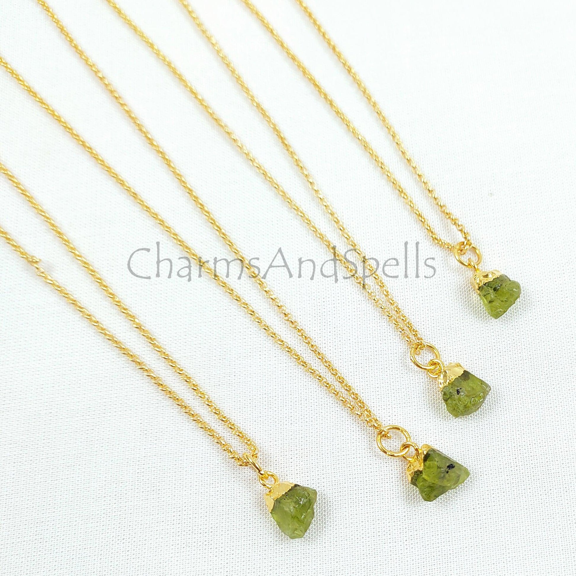 Natural Raw Peridot Necklace, Gold Plated Peridot Necklace, Peridot Jewelry, Birthstone Necklace, Raw Stone Necklace, Beautiful Necklace - Charms And Spells