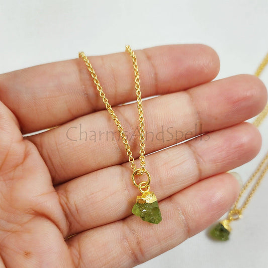 Natural Raw Peridot Necklace, Gold Plated Peridot Necklace, Peridot Jewelry, Birthstone Necklace, Raw Stone Necklace, Beautiful Necklace - Charms And Spells