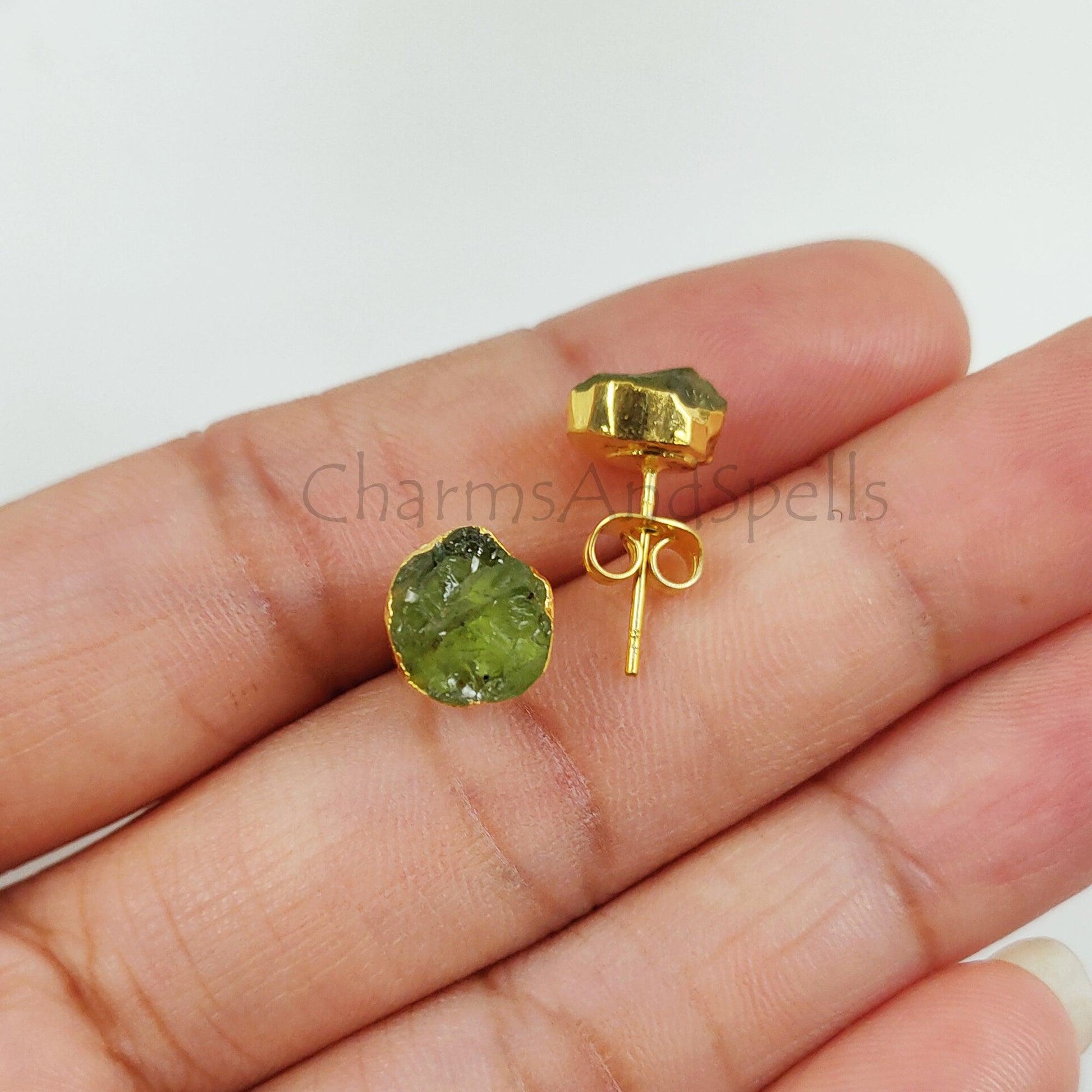 Peridot Crystal Earrings, Peridot Stud Earrings, Green Stone Jewellery, Gemstone Stud, Small Crystal Stud Earrings, Simple Earrings - Charms And Spells