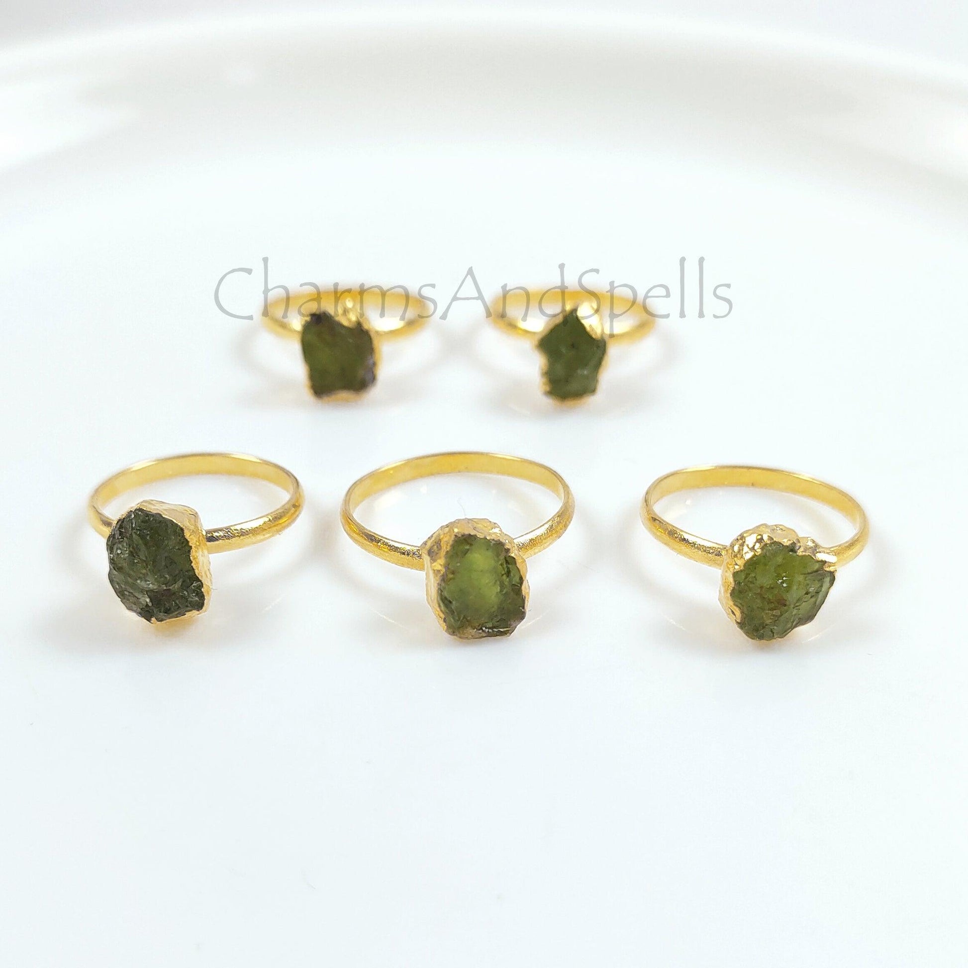 Natural Raw Peridot Ring, Electroplated Ring, August Ring, Gift for Her, Raw Stone Ring, Birthstone, Imitation Ring, Unique Jewelry, Gift - Charms And Spells