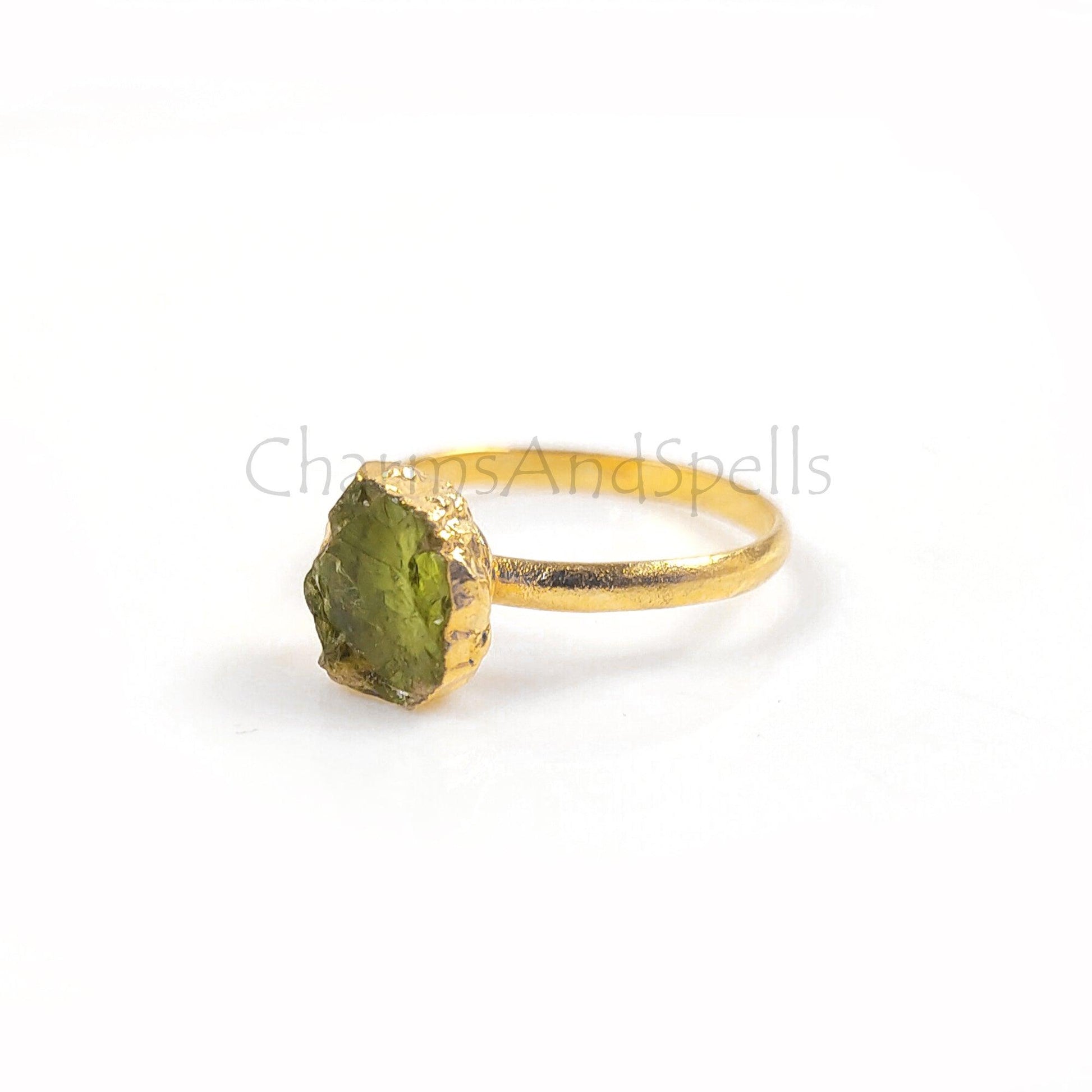 Natural Raw Peridot Ring, Electroplated Ring, August Ring, Gift for Her, Raw Stone Ring, Birthstone, Imitation Ring, Unique Jewelry, Gift - Charms And Spells