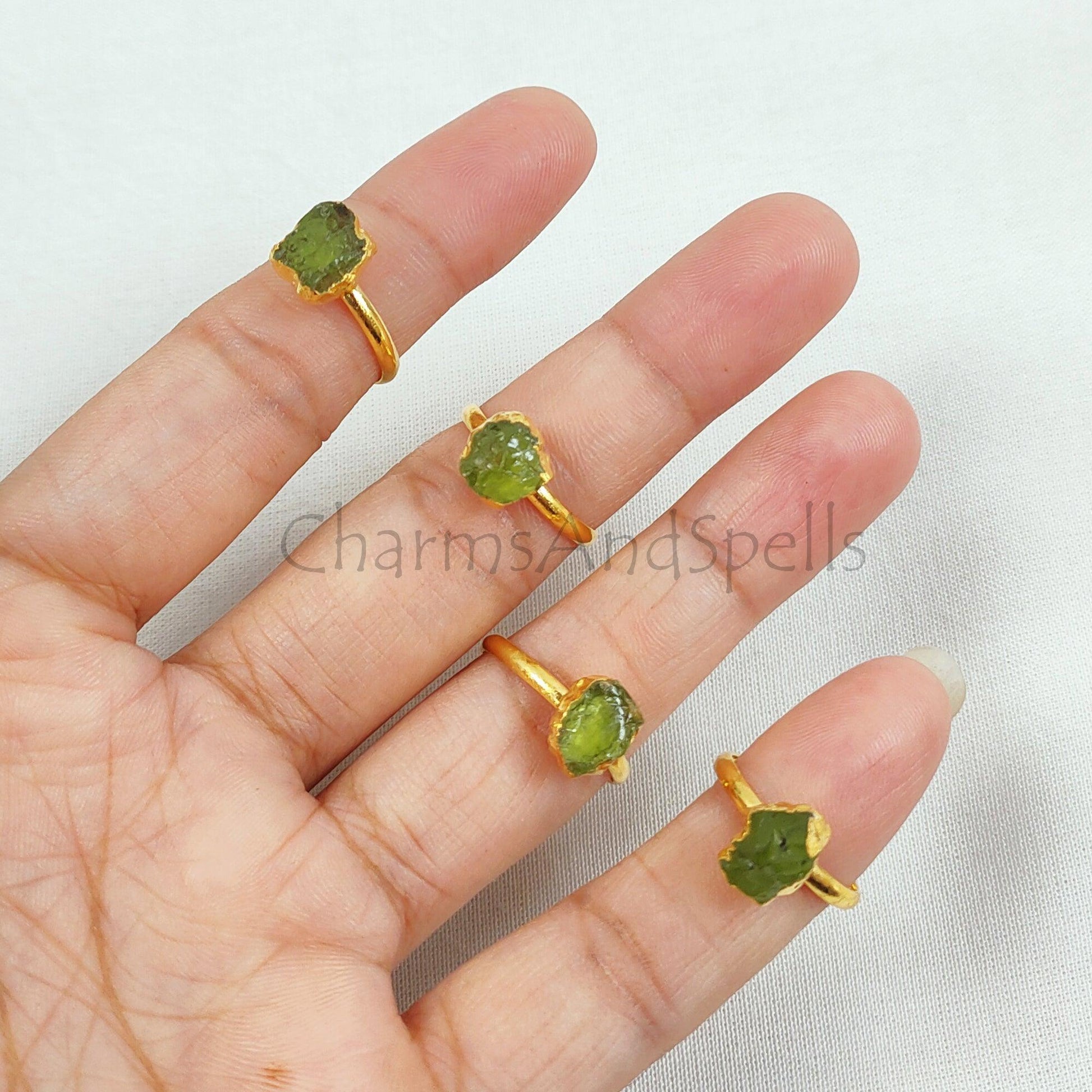 Natural Raw Peridot Ring, Electroplated Ring, August Ring, Gift for Her, Raw Stone Ring, Birthstone, Imitation Ring, Unique Jewelry, Gift - Charms And Spells