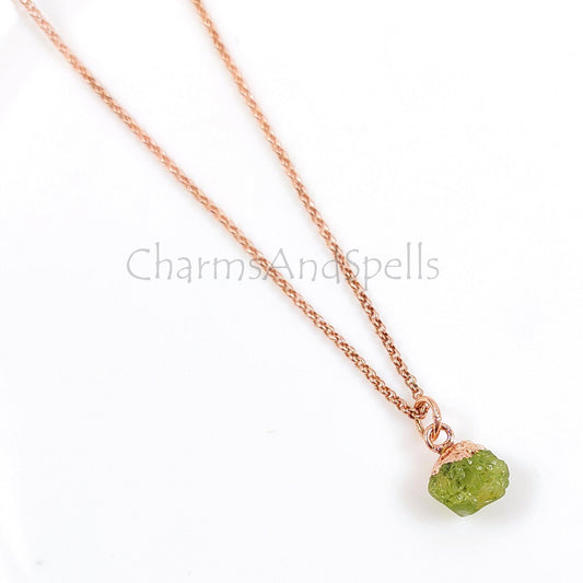 Natural Raw Crystal Necklace, Rough Peridot Necklace, Peridot Copper Jewelry, August Birthstone,Statement Peridot Pendant, Boho Gift For Her - Charms And Spells