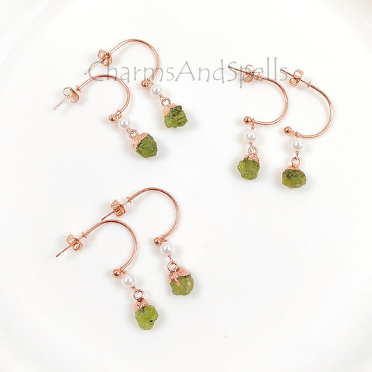 Natural Raw Peridot Boho Earring, Rose Gold Plated Earring, Minimalist Earring, August Birthstone Jewelry, Wedding Earring, Designer Earring - Charms And Spells