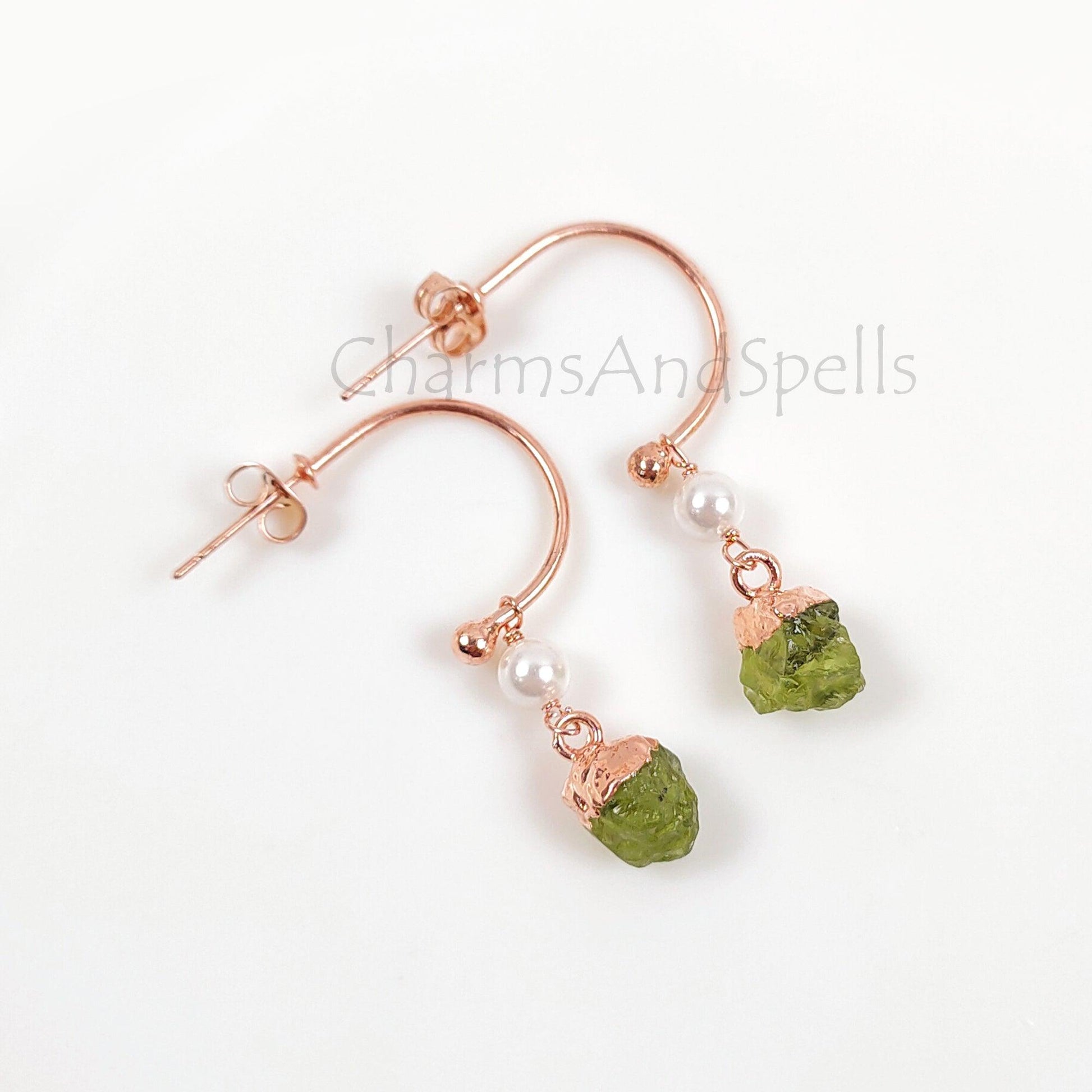 Natural Raw Peridot Boho Earring, Rose Gold Plated Earring, Minimalist Earring, August Birthstone Jewelry, Wedding Earring, Designer Earring - Charms And Spells