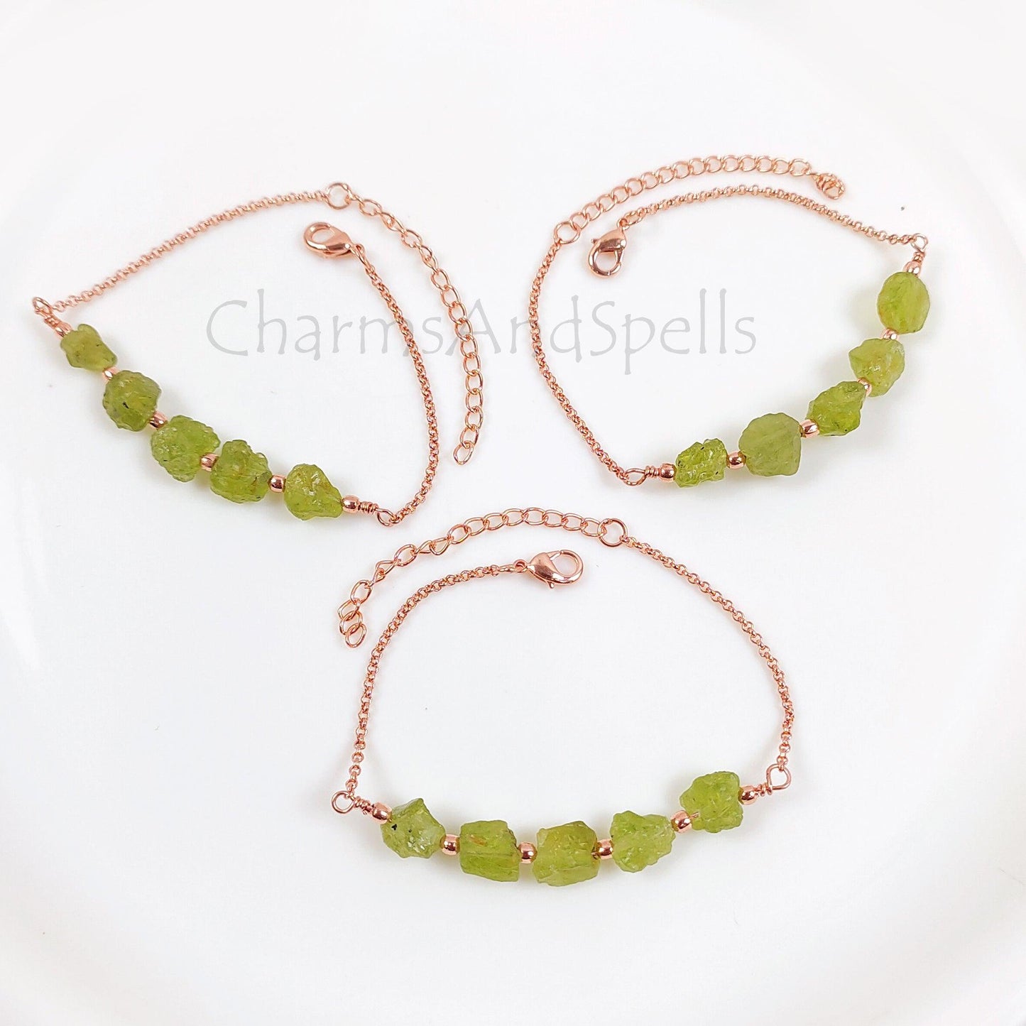 Natural Raw Peridot Bracelet, Raw Gemstone Copper Jewelry, Raw Crystal Jewelry, Custom Birthstone Bracelet, Peridot Jewelry, Dainty Bracelet - Charms And Spells