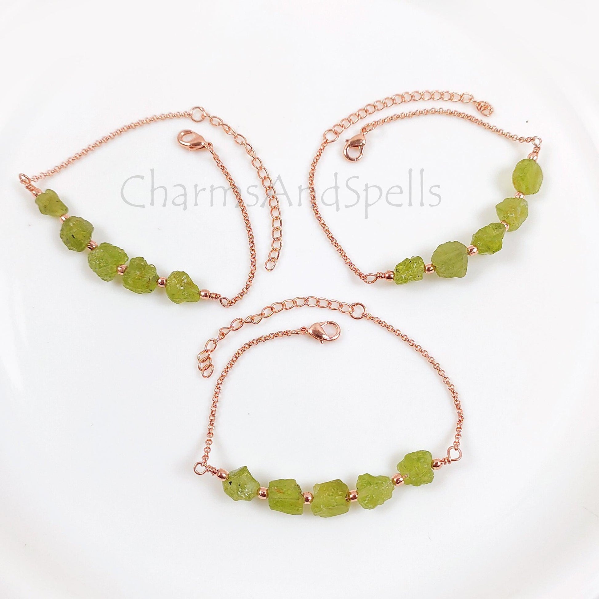 Natural Raw Peridot Bracelet, Raw Gemstone Copper Jewelry, Raw Crystal Jewelry, Custom Birthstone Bracelet, Peridot Jewelry, Dainty Bracelet - Charms And Spells